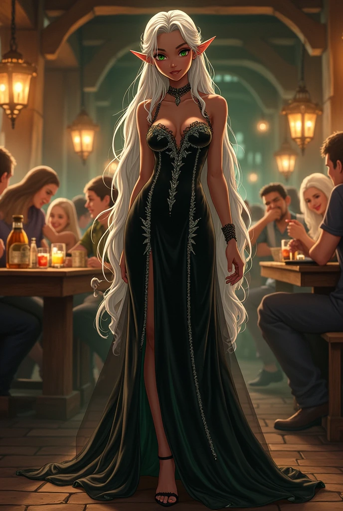 A tall, adult anime girl with brown skin, green eyes, white hair, and elf ears. She is wearing a black gothic dress and is in a tavern.