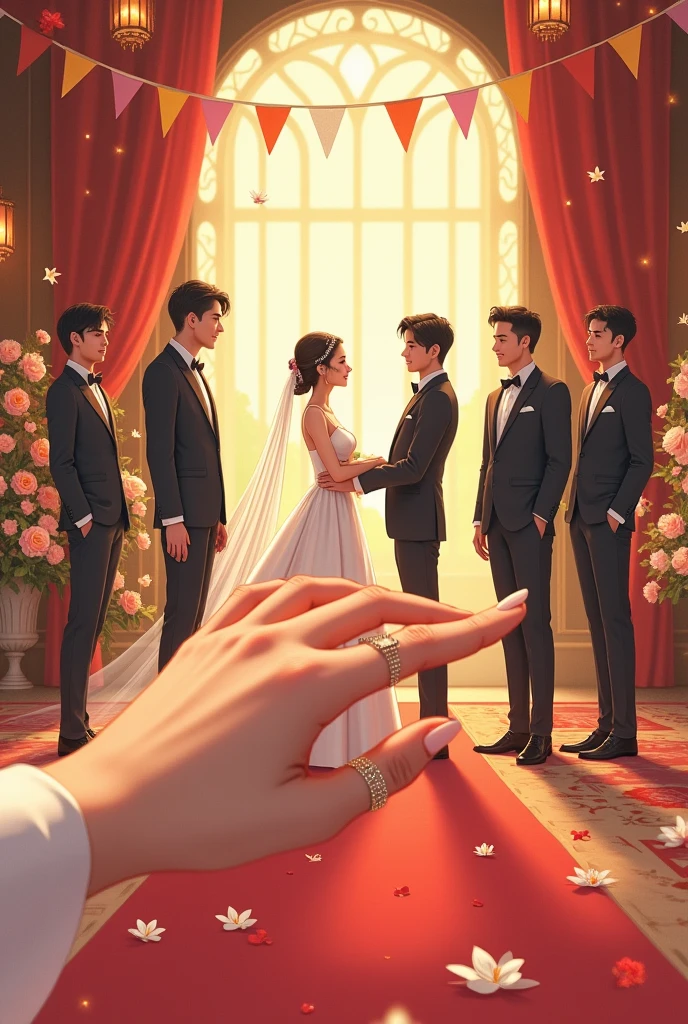 A woman's hand with 5 fingers wearing one ring marrying 5 grooms, scene in the wedding hall manhwa version