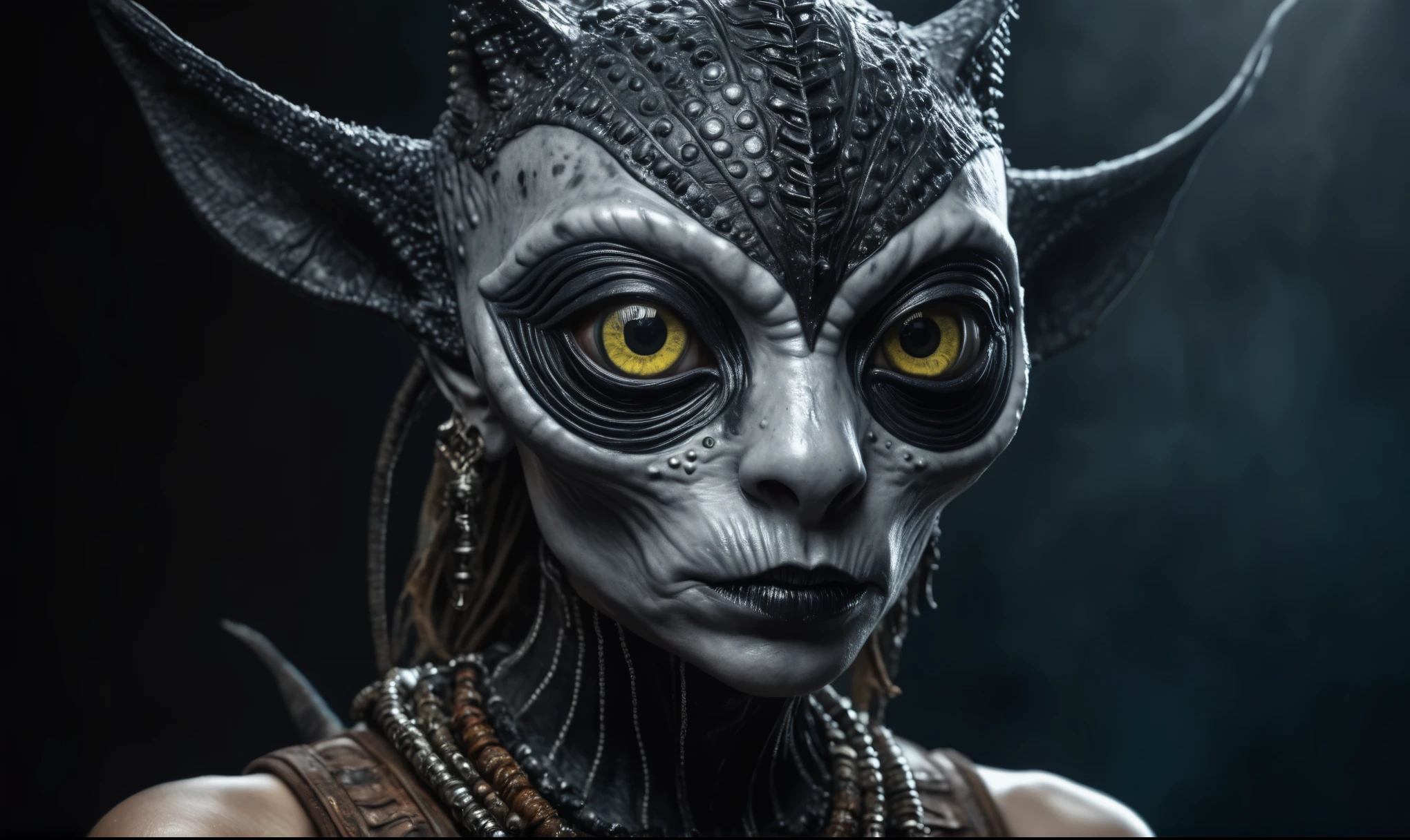 full body length shot,nerd graphite Alien Entity,native africa slave ,azctec Finnish Lapland,Cinematic,soft colors, Technicolor,natural skin textures, hyper realism, hyper detailed,Extremely detailed,High contrast,Masterpiece,Realistic,Ultra Detailed, intricate details,realistic humid leather,extremely intricate details,Epic Realistic, cinematic style, irina yermolova,high contrast,hdr,extremely detailed,day landscape,masterpiece, intricate details, eyes extremely detailed, high detailed eyes,8k resolution,retina, Nikon Z9,Korea,orc,Egypt, Pisces, transition between two art styles,full body length, Double contact, X-ray, Creative, vivid light, fantasy, Abstract, Surrealism, super detailed, high resolution,insanity national folk wear,skin almost translucent, gothic elements,Mestichino,Light particles,chaos,starfish's leather,"(The best lighting, dark, dramatic),(alien cat half-skull fetus, Hellraiser, Scars, , poison brain, , a rat inside the head, terror.),(fish eyes, calaveras
