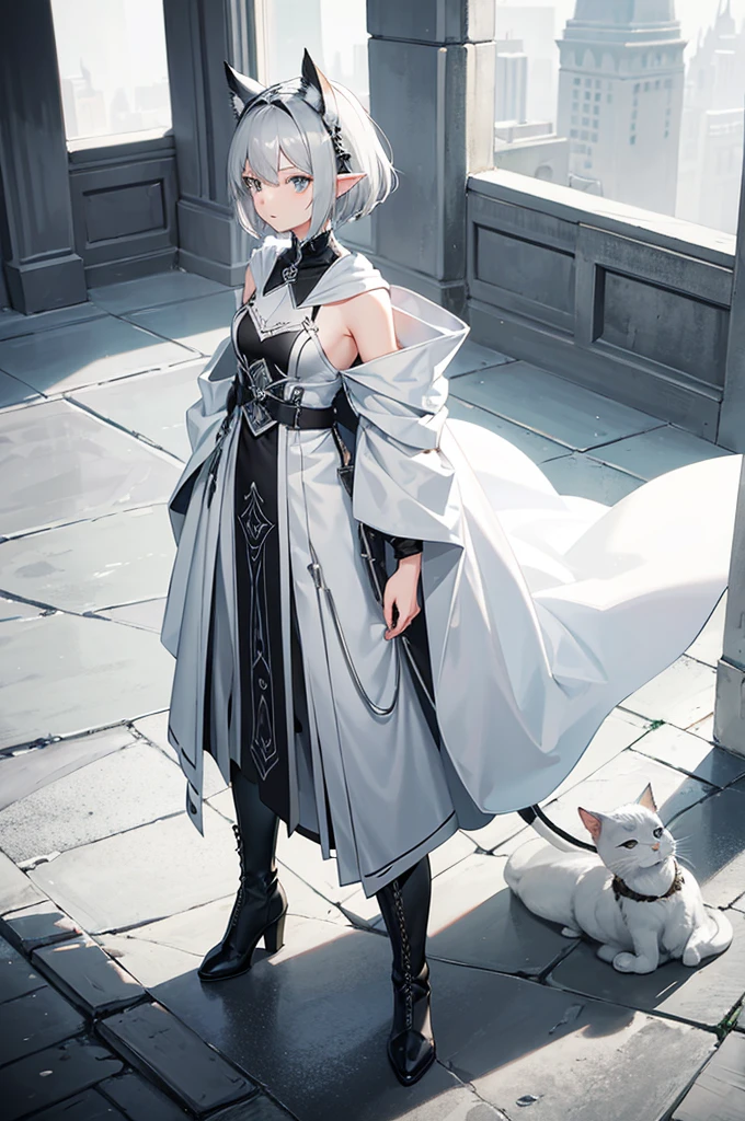 Gray and white shoulder-length short hair,Girl,Facing away from the camera,Elf ears,No headdress,No cat ears,Wear a magician's robe,cloak,hood,Long skirt,Boots,full-body shot,Back,Back photo,Don't face,No background,Do not take a frontal photo,Leave,leave,Don't show your back.