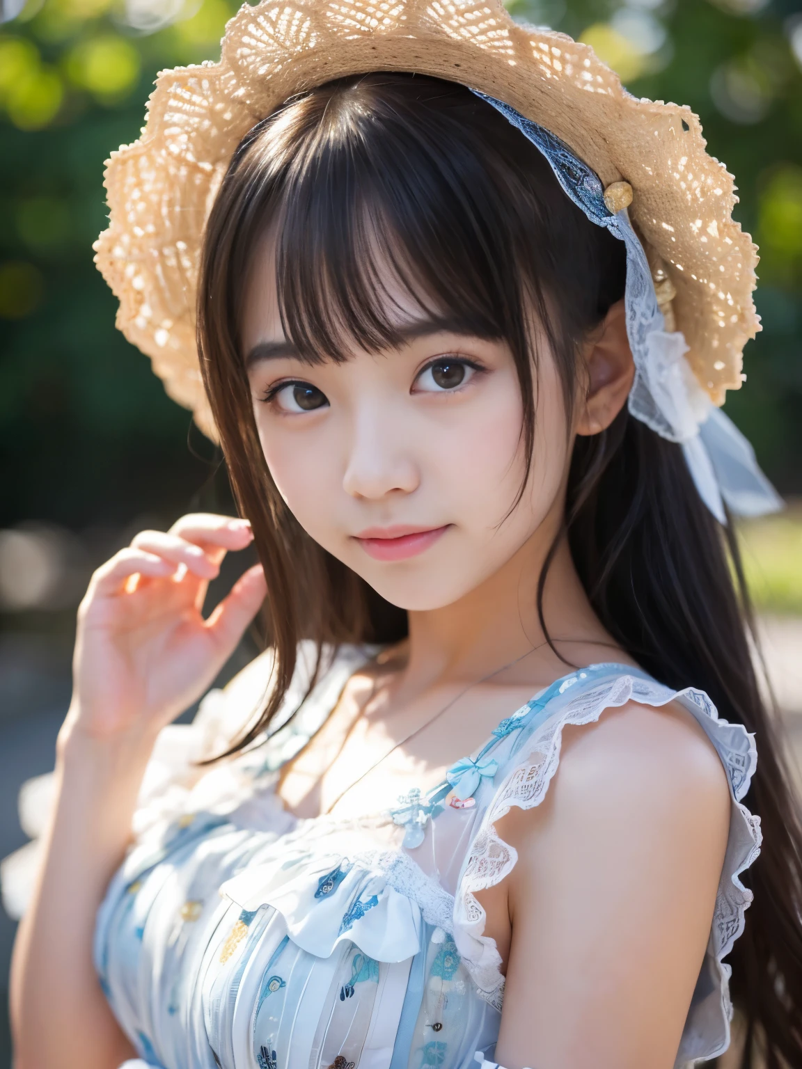 Top quality, 4 beautiful women, age 18, half-smile, 35mm lens, f/1, at park, 女性, , Long Hair, Wavy Hair, Black Hair, Camisole, Frill Skirt, Shy Smile, Sunlight, From Side, Full Body Shot, Arched Back, Show Panties