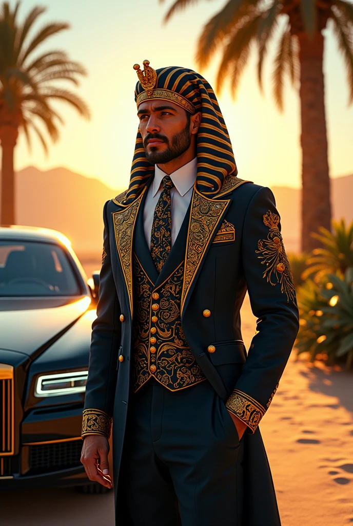 Create an illustration reimagining what a fusion of a businessman's formal social style with the attire of pharaohs wearing nemeses next to their luxury executive car would look like