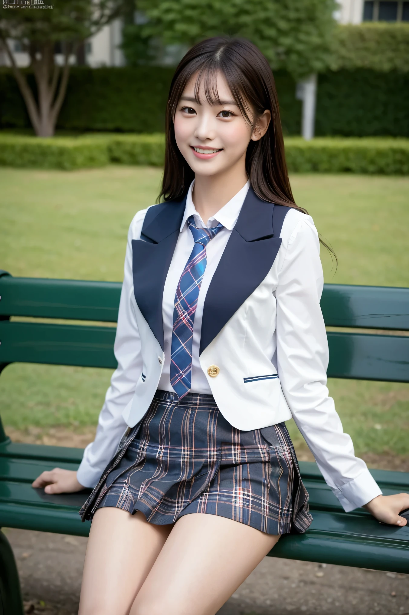 (8K), (highest quality: 1.2), (Realistic), (Realistic: 1.37), Ultra-high resolution, 1 girl, cute, (Embarrassed smile:1.2), (Blushing:1.4),Mouth closed, Beautiful details, Beautiful Nose, Wet Hair,bangs, giant dulcefo, pork, Thighs,Navel exposed, (Student Uniform:1.2),(A simple blazer:1.2),Pleated skirt,(The skirt and tie are tartan check pattern.:1.3), (sitting on a seat of baseball stadium:1.2),(Shiny Thighs:1.2),