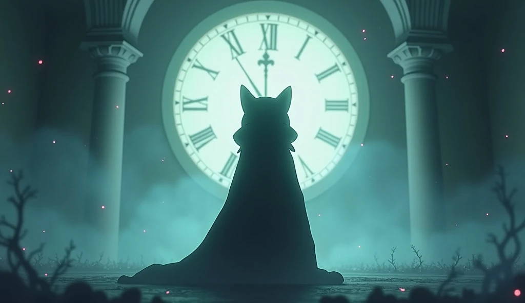 Anime scene where the silhouette of a cat wearing a cloak standing in front of a clock can be seen in the distance, Dreamy psychedelic anime, Cytus and Deemo Style, videoScreenshots of the game, Gore anime screenshot, Animation still screenshots, video Screenshots of the game, Cut scene footage, アニメmovieのスクリーンショット, Screenshots of the game, movie, Screenshots of the game, From the TV anime
