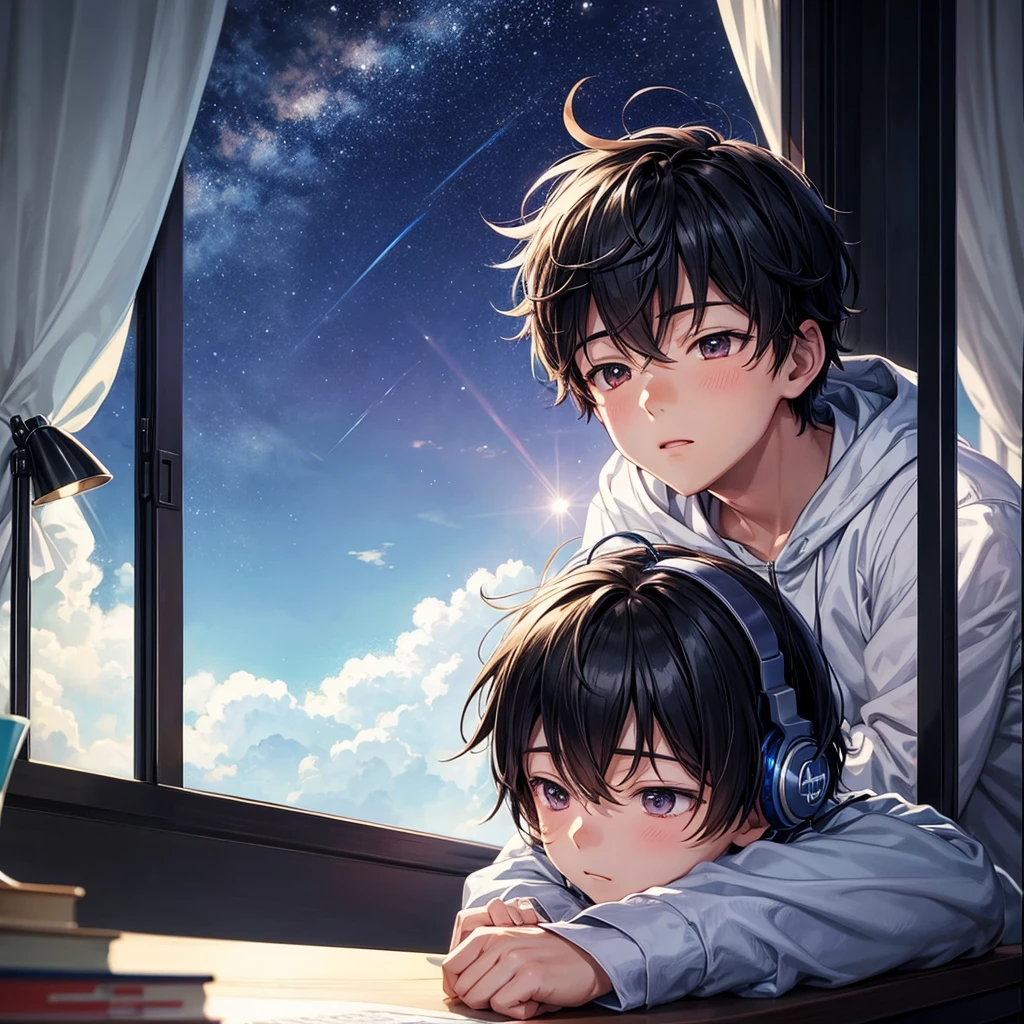 Create an anime style image, of a boy studying in his room near the window, that can see the night city, the boy is wearing headphones listening to music, And on top of your desk, there's a puppy sleeping.