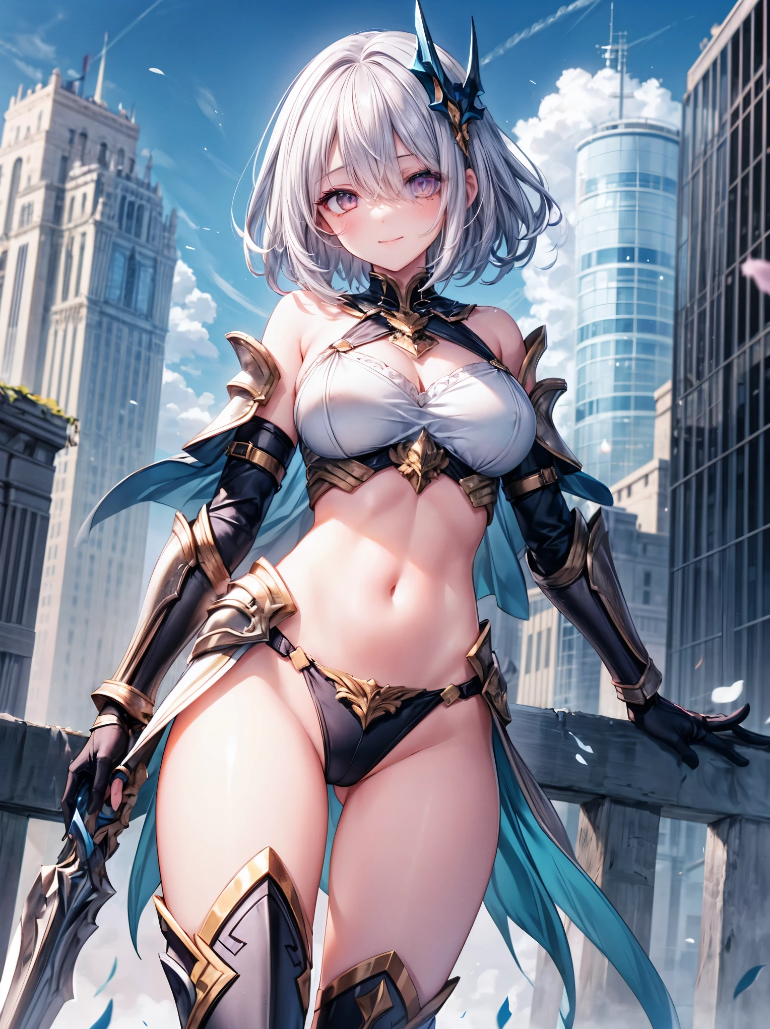 fantasy, 1girl,young_, ,silver_hair, short_hair, long_bangs, bare_shoulder,thighhighs,silver_armor, waist_armor, large_breasts,half_eyes,floating, bare_crotch, headgear,gauntlet, greaves,city_background,slightly_spread_legs, solo, groin_naked,(hair_over_one_eye:1.5),rise_knee,rise_leg,light_smile,