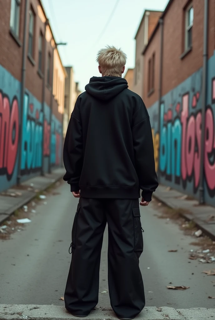 a trap singer, male, dark blond, looked from back, wearing all black clothes, oversized, hoodie, wide trousers, boots, chains, streetwear, standing on A WALL ONF AND ABANDONED STREET WITH GRAFFITIS, y la palabra "torino" en alguna parte, Y LA PALABRA "BYE" EN OTRA PARTE