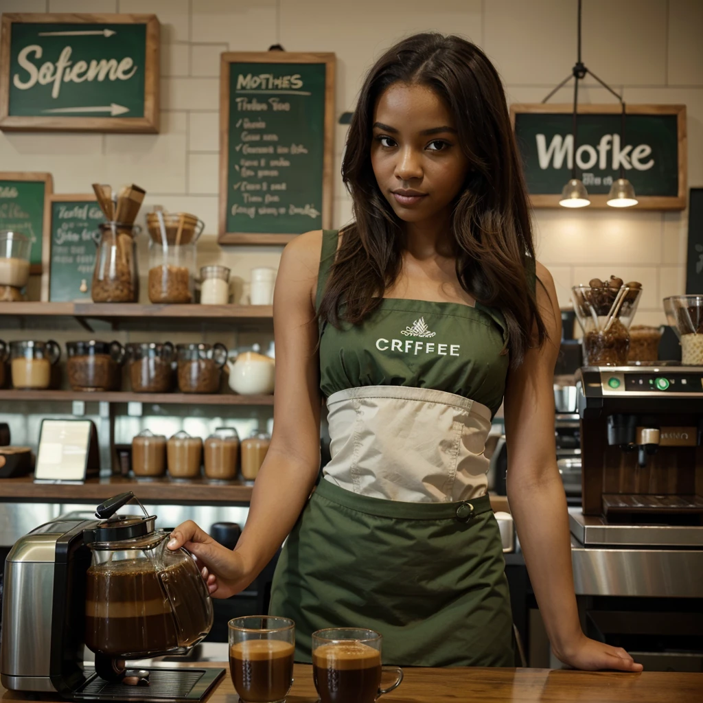 Show me a slim young girl with light brown brown teas dressed as a barista in a coffee shop with some green tones, MS.K name, BLVK PRINT
