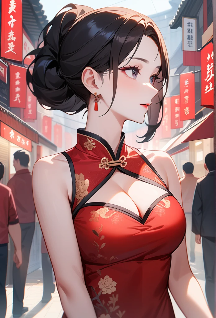 Mature women，Black long hair，Hair up，Red cheongsam，Cleavage，Bare shoulders，Extremely detailed，high resolution，Simple background，Outside Chinatown