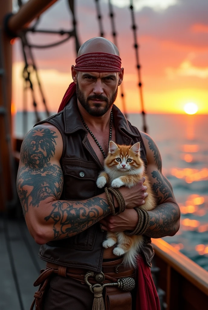 Bald muscular pirate with a cute kitten