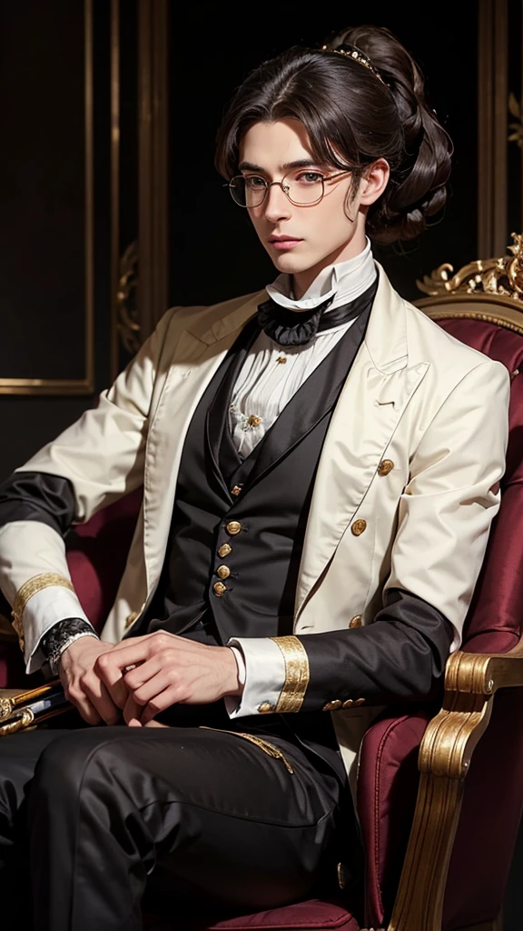 A young man wearing an elegant maroon velvet tailcoat with a carmin and black regency era three piece suit, regency era, long curly dark brown hair in a low ponytail, light brown skin, freackles, brown eyes, elegant, rich, wearing glasses, Bridgerton, clean face, young face, regency era ball, gold and white background color scheme, holding a cane, earl, nobleman, regency era, victorian era,