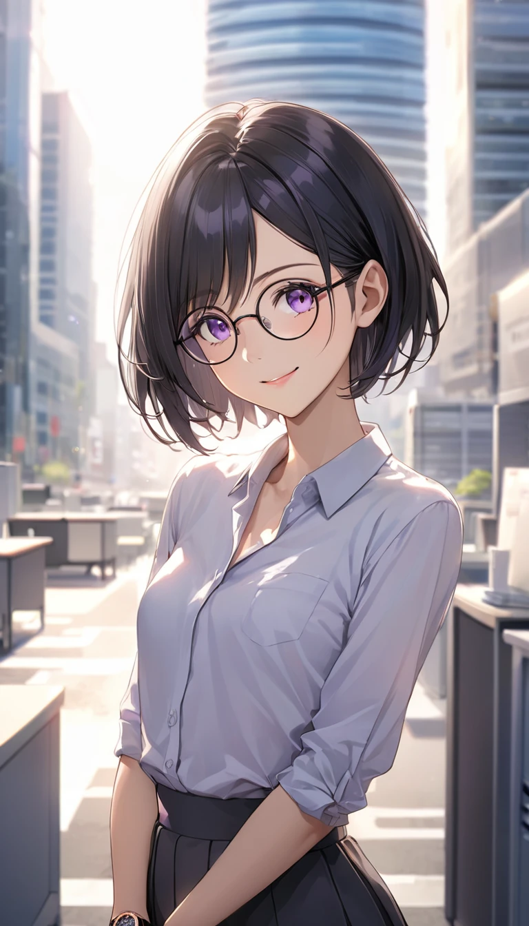 Highest quality、Best image quality、masterpiece、Anime Style、a girl、Beautiful Eyes、black hair, purple eyes、short pixie cut、flipped hair, (flat chest)、slender、Tight waist、Round Glasses、Natural smile, office lady, skirt, noon、Outdoor、upper body, Natural light、Shallow depth of field、looking Watches, Watches, In the office district、skyscraper、Lens flare