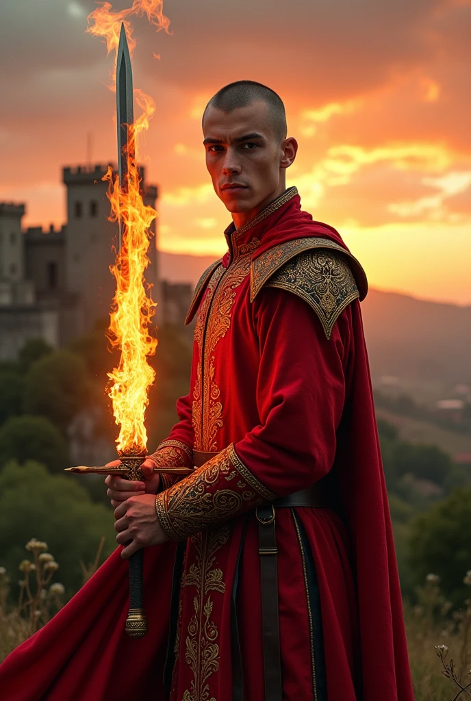 create a character in the medieval era.
an 18 year old young man , with short brown hair,almost bald ,standing 6 feet tall, weighing 80 kilos.
Wearing a red outfit and a flaming sword