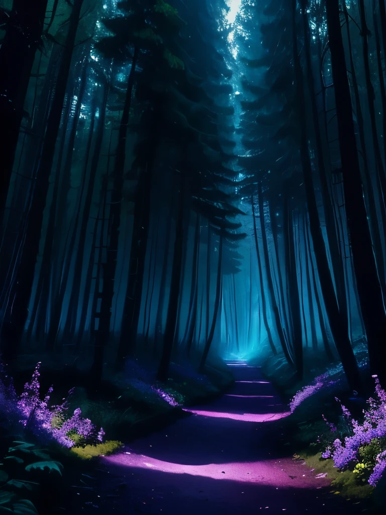 painting of a path in a forest with purple flowers, glowing forest, beautiful lush colors, forest colors, dark neon colored rainforest, magical colors and atmosphere, magical colours and atmosphere, really beautiful forest, magical forest, magical forest in the background, incredible colors, bioluminescent forest floor, neon lights lots of trees, amazing colors, blue forest, magic forest