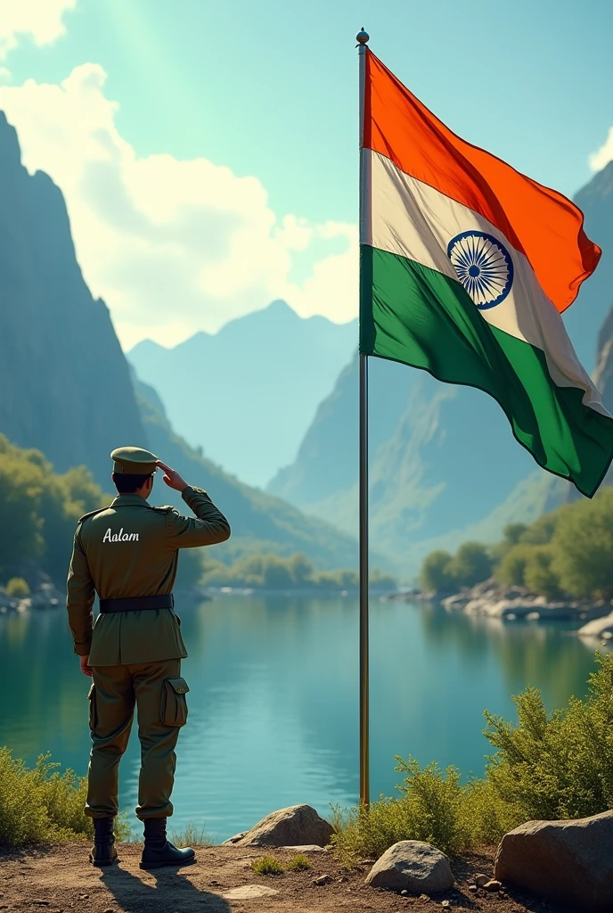 On the right side, a large Indian flag waves proudly, with a Man standing and saluting it. His back is to the viewer, and on the back of his jacket, the name 'Aalam' is clearly written. On the left side, a serene landscape with mountains and a flowing river completes the scene, creating a patriotic and picturesque 3D environment
