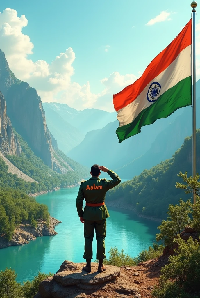 On the right side, a large Indian flag waves proudly, with a Man standing and saluting it. His back is to the viewer, and on the back of his jacket, the name 'Aalam' is clearly written. On the left side, a serene landscape with mountains and a flowing river completes the scene, creating a patriotic and picturesque 3D environment