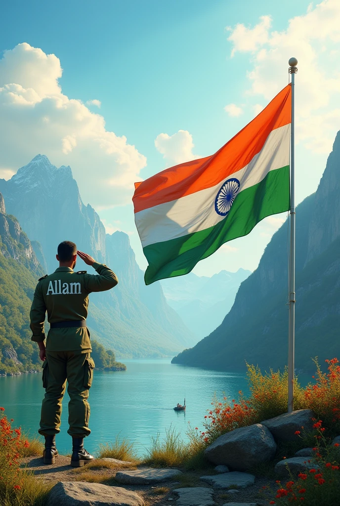 On the right side, a large Indian flag waves proudly, with a Man standing and saluting it. His back is to the viewer, and on the back of his jacket, the name 'Aalam' is clearly written. On the left side, a serene landscape with mountains and a flowing river completes the scene, creating a patriotic and picturesque 3D environment