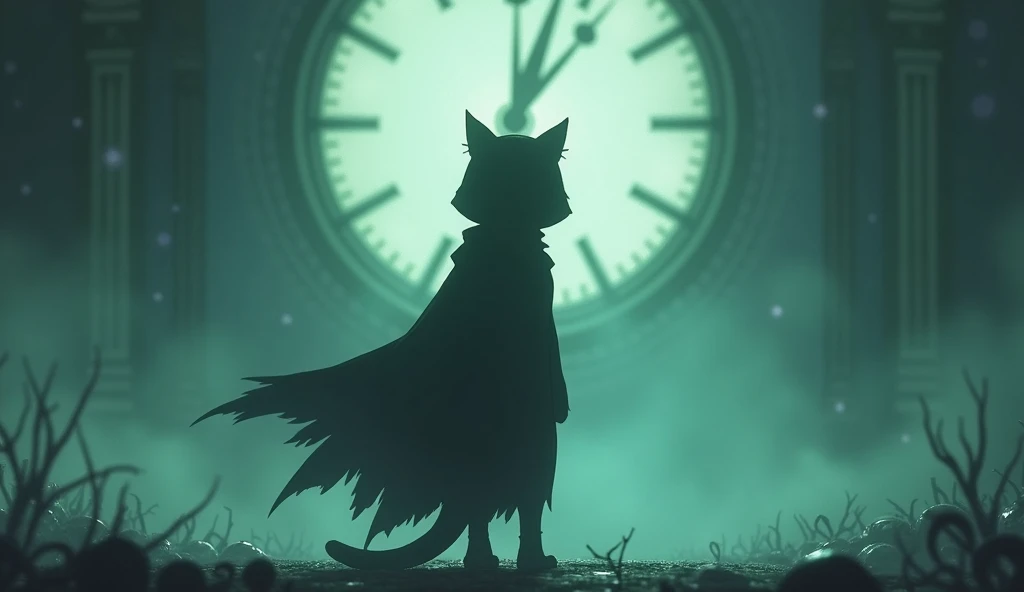 Anime scene where the silhouette of a cat wearing a cloak standing in front of a clock can be seen in the distance, Dreamy psychedelic anime, Cytus and Deemo Style, videoScreenshots of the game, Gore anime screenshot, Animation still screenshots, video Screenshots of the game, Cut scene footage, アニメmovieのスクリーンショット, Screenshots of the game, movie, Screenshots of the game, From the TV anime