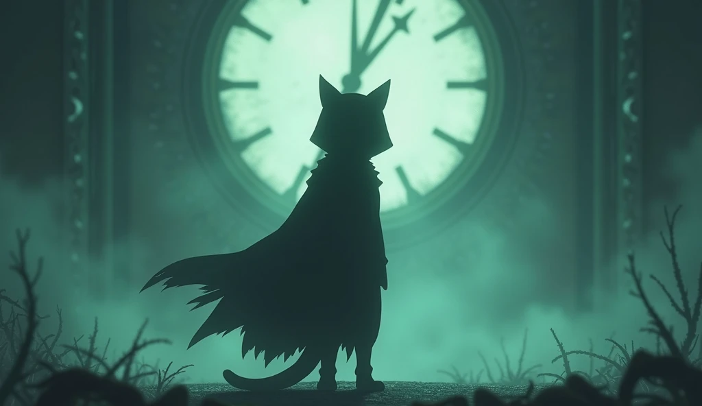 Anime scene where the silhouette of a cat wearing a cloak standing in front of a clock can be seen in the distance, Dreamy psychedelic anime, Cytus and Deemo Style, videoScreenshots of the game, Gore anime screenshot, Animation still screenshots, video Screenshots of the game, Cut scene footage, アニメmovieのスクリーンショット, Screenshots of the game, movie, Screenshots of the game, From the TV anime