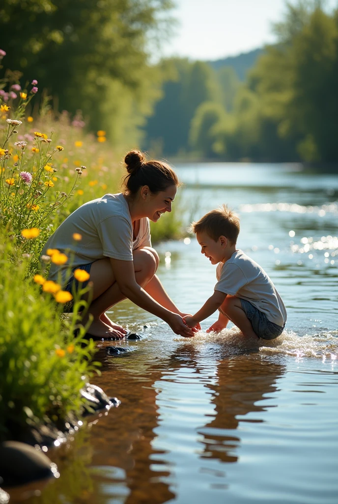 A mother cleans a dirty river and then sees her son drinking clean water and feels happy.