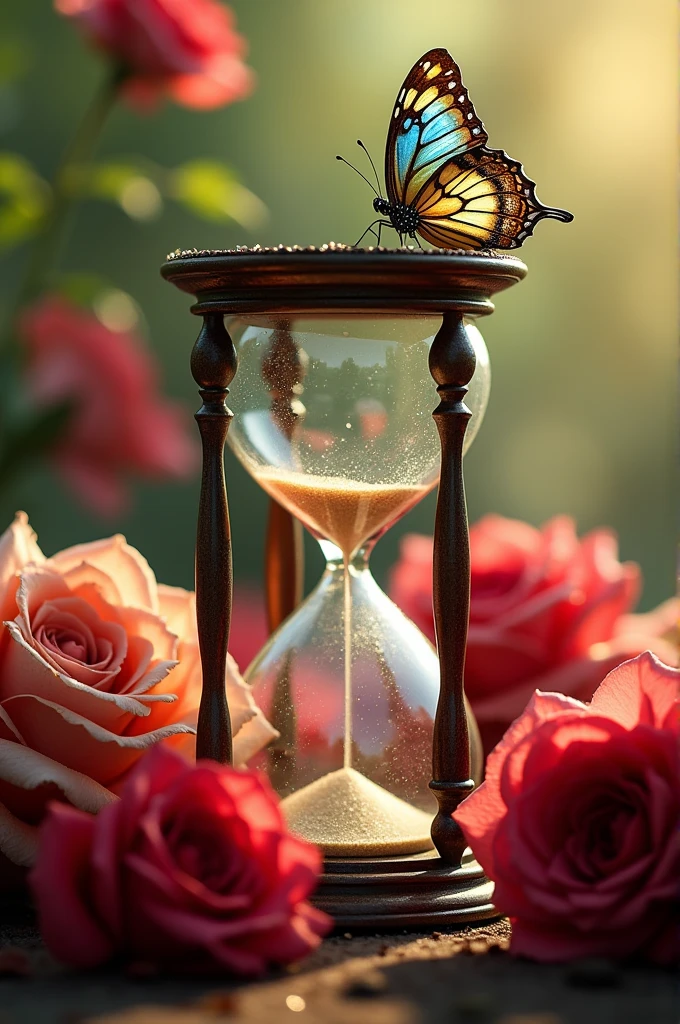 Butterfly art alongside an hourglass and roses