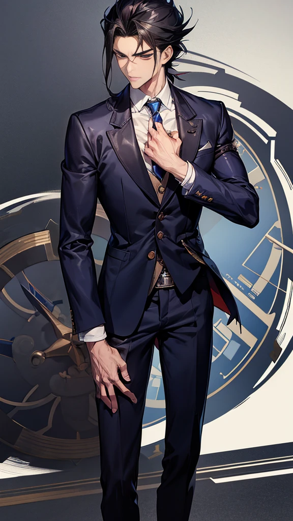 high school student,Black Hair,height: 175cm,Practical Muscles,Slim Macho,Domon Kash,Old scar on left cheek,Anatomically correct, Corruption, Attention to detail, Textured skin, Ultra-high resolution, High School Uniform、Navy blue blazer,White shirt,Grey slacks,Leather shoes,Textured skin, Ultra high definition, A series of character actions, Japanese anime illustration style, A little young