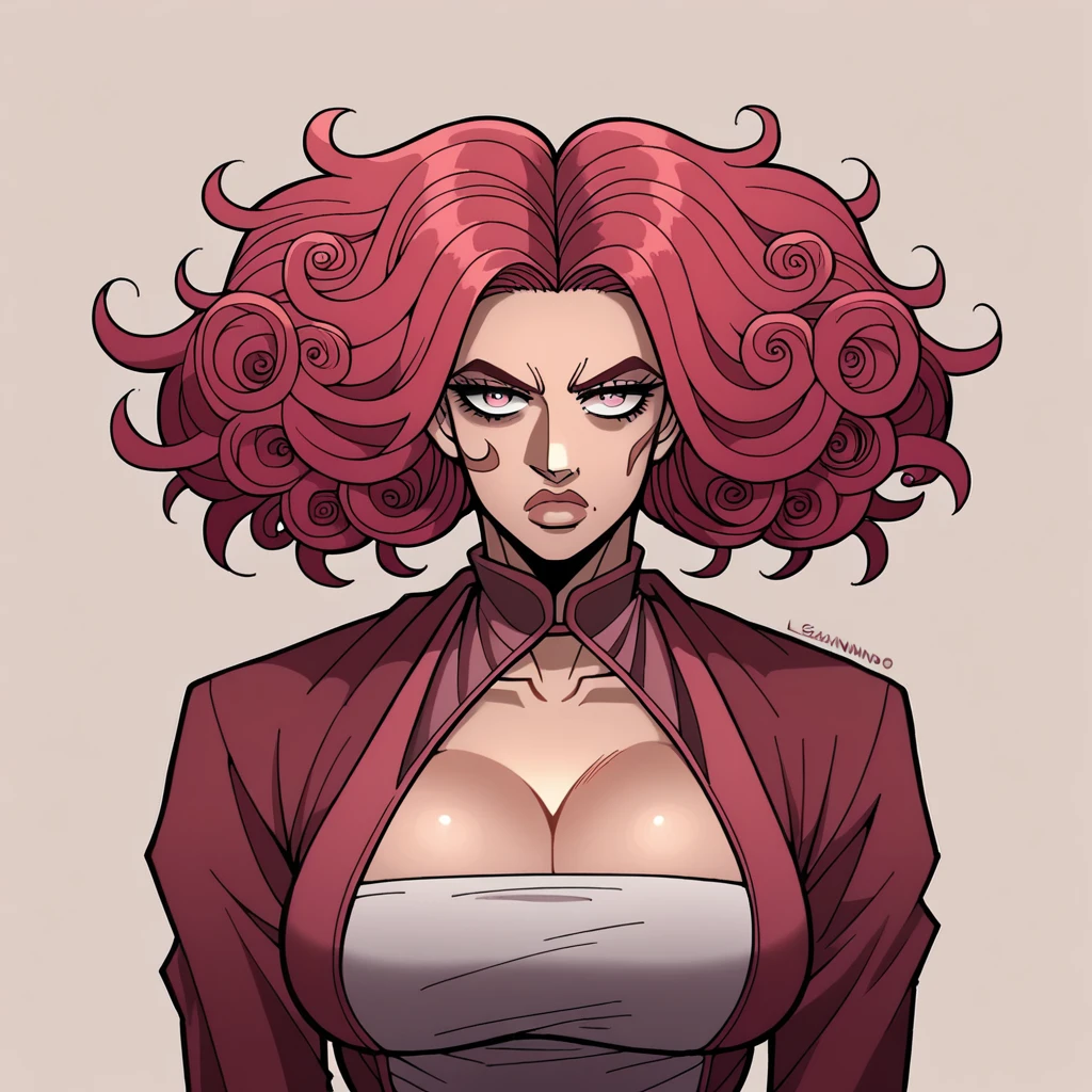 a , Red hair, pink Eyes,  big boobs, big booty, vamp, Scarlett , scarred, double hair, far away, unusual hair, beautiful, serious look, fleshy, thick lips, Breasts protruding,London clothes, background Londres, İcon , little y girl