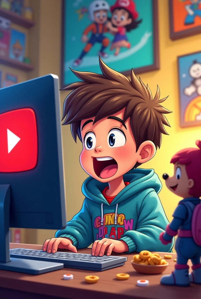 1boy cartoon character infront of computer, YouTube logo, hoodi,