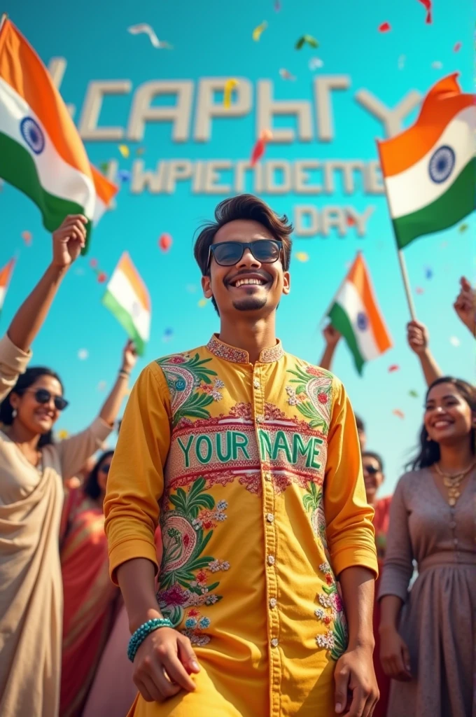 "Generate a real-life image of a 21-year-old (Mr Bunny) joyfully celebrating Indian Independence Day. The individual is dressed in traditional Indian attire with the name 'YOUR NAME' prominently displayed on their clothing. The sky above them features the words 'Happy Independence Day' in a bold font. The background is alive with a crowd of people celebrating, creating a vibrant and patriotic atmosphere."