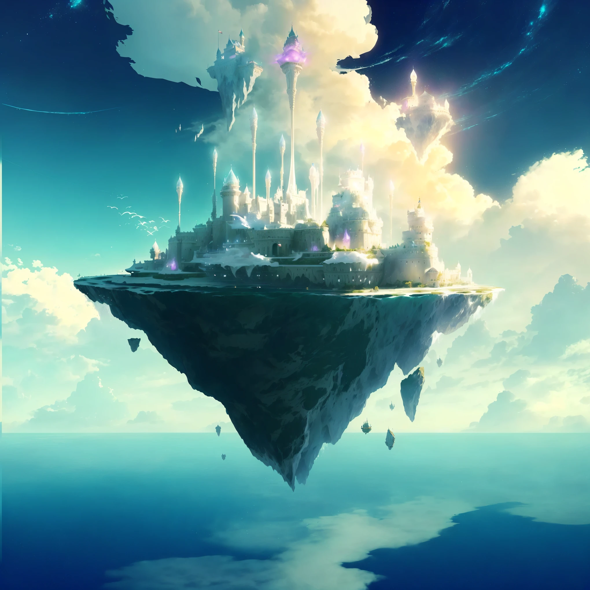 There is a picture，with a floating island on it，There is a castle on the island。, A huge floating castle, Floating city in the sky, Floating city on clouds, Feiyun Castle, Floating city, The floating palace, Flying island in the sky, Floating island in the air, isometric island in the sky, Fantasy Desert Crystal Island, Palace on the water