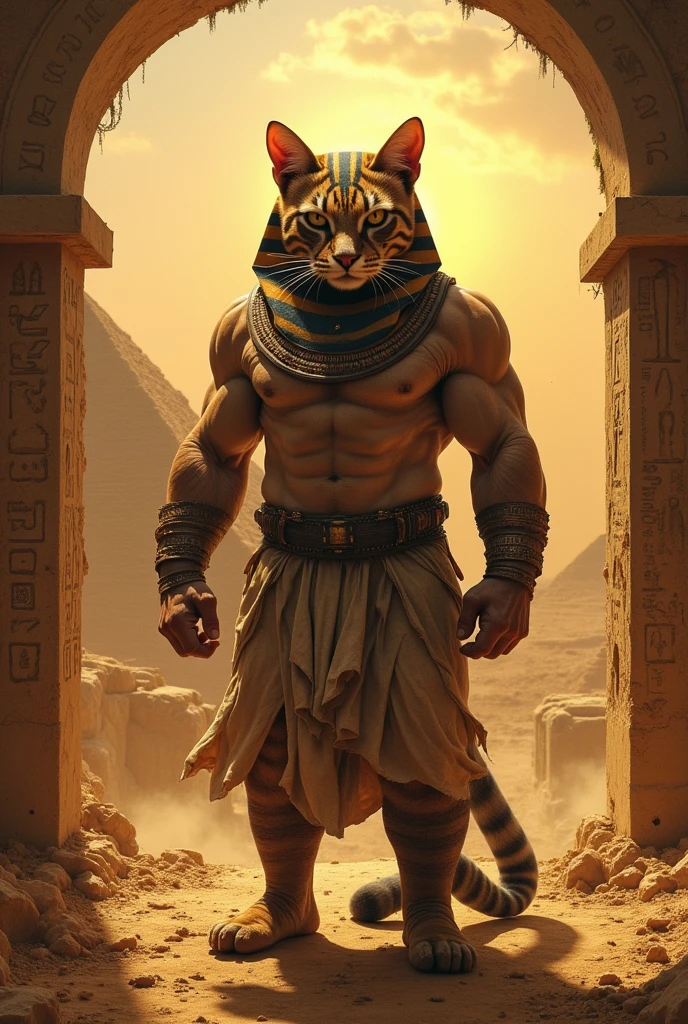 Pharaonic cat with huge muscles like bodybuilding champions wearing prison
clothes realistic real