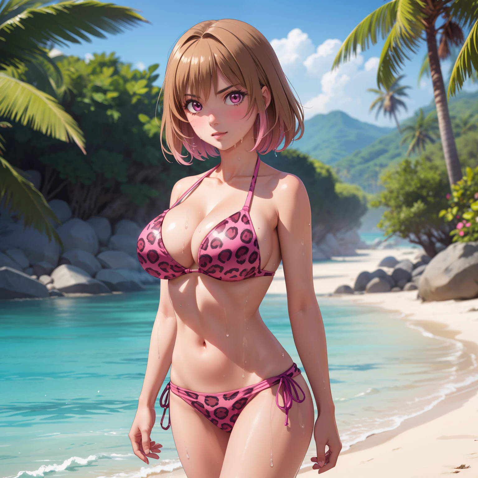 Kikyou Kushida. Woman 25 years old. short light brown hair. pink eyes, smug look, big breasts, pink leopard print bikini, walking along a tropical beach, wet body, drops of water on his chest.