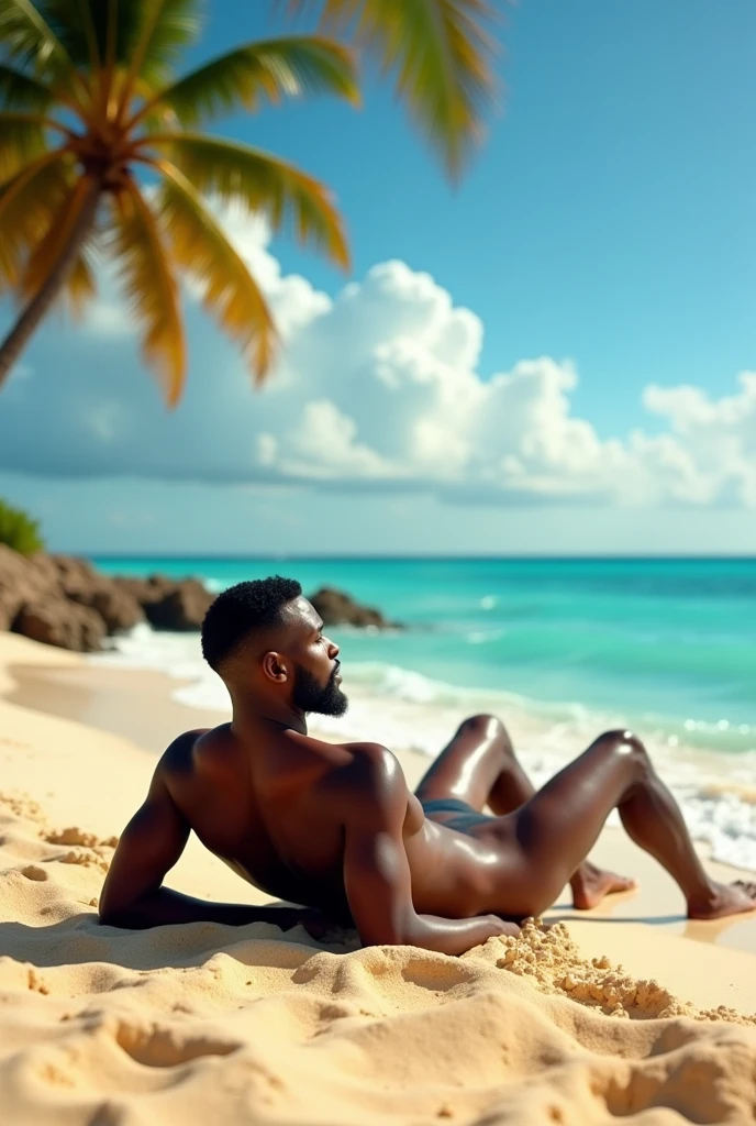 A Black man sunbathing naked on the beach, lying on the sand.