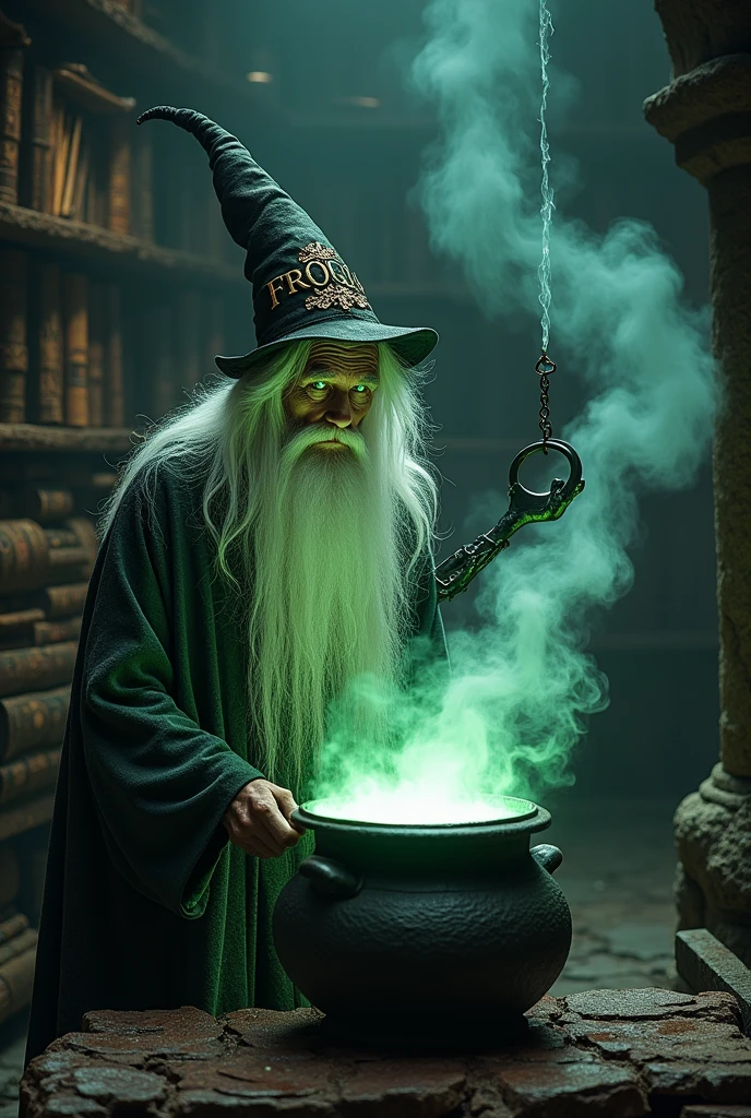 Old wizard with long hair, white, eyes glowing green , with a long hat written FROGGUS, In the cauldron, put a black arm out with an open handcuff. 