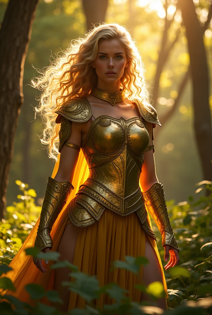 (photorealism:1.2), woman, glowing golden, wearing a golden metallic armour, long curly blonde hair, outdoors in forest, sun in background, battle pose, fighting, realistic, intricate details, warm colors