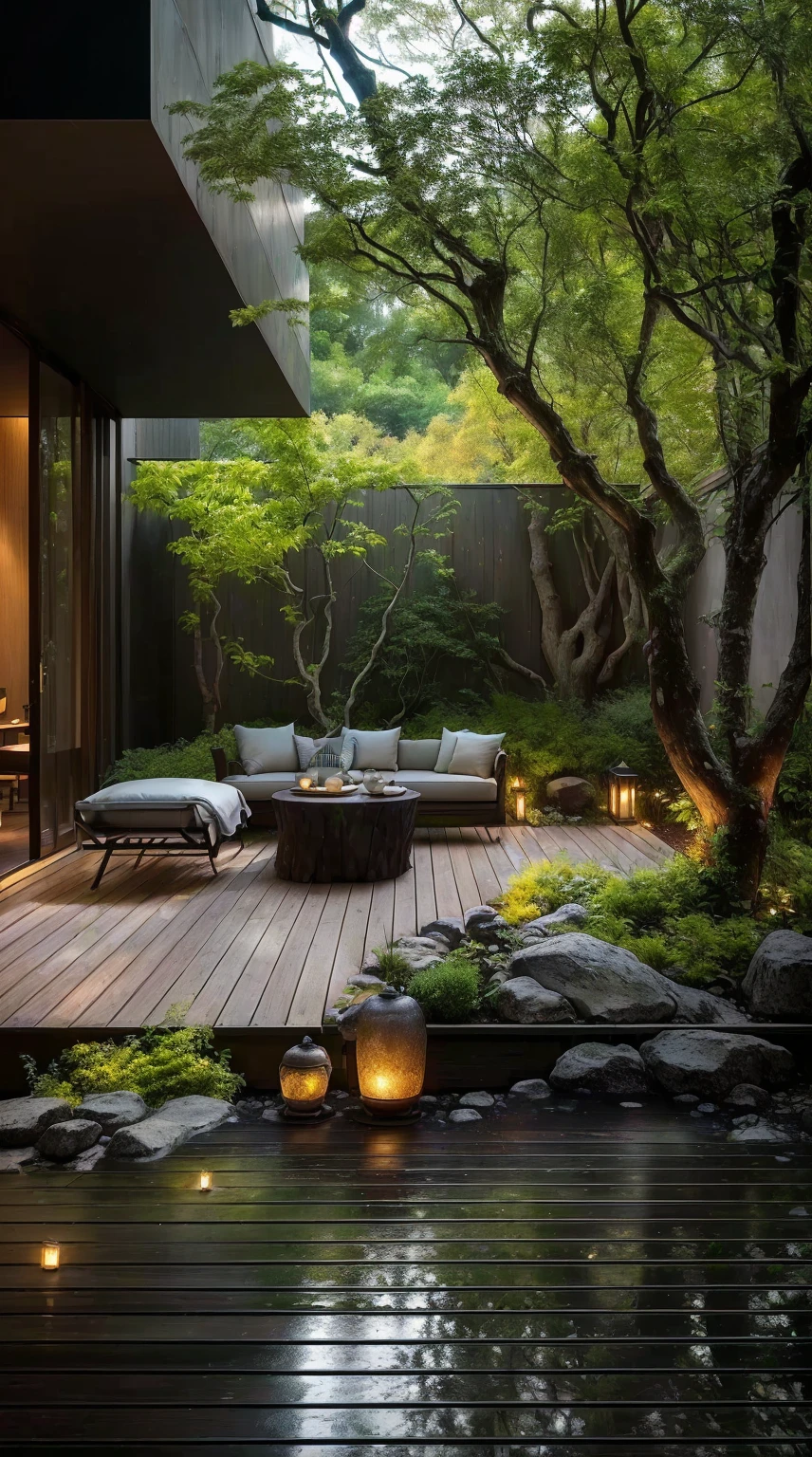 a beautiful terrace with a sofa and a table with a cup of tea, relaxing environment, soothing and comfortable scenery, some leaves have turned yellow, autumn, lush green trees, peaceful forest environment, set in a dense forest, amazing composition, magical environment, outdoor design, beautiful and aesthetic, quiet and peaceful atmosphere, beautiful terrace, photography, best quality