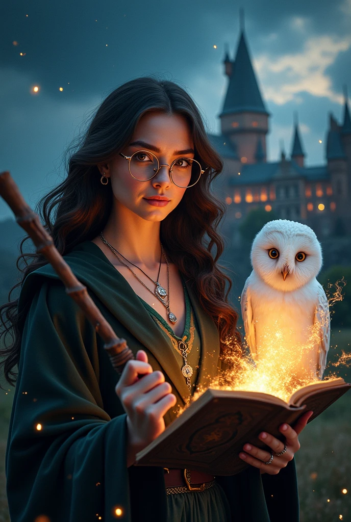 Animated drawing of a Hogwarts woman in Harry Potter style, with long wavy dark hair, dark brown eyes, silver necklace and silver ring, with earrings and gold glasses, in her left hand she has a wooden magic wand, in her right hand a spell book in flames, Your pet is a white owl, she wears a Harry Potter uniform and the background behind her is a Hogwarts castle