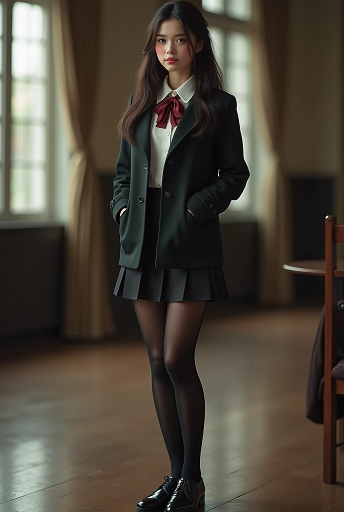 ((masterpiece)), best quality, extremely detailed face, ultra high res, (photorealistic:1.4), Amazing, finely detail, huge filesize, correct exposure, 1girl, svelte body, 162cm height, (intricate details), SOLO, looking at viewer, perfect lighting, realistic, lips, blush, shiny skin, fair skin,extremely detailed face, beautiful detailed eyes, (detail skin:1.2), makeup, depth of view, ((school uniform, overcoat,black stocking,leather shoes,)),full body, standing, 