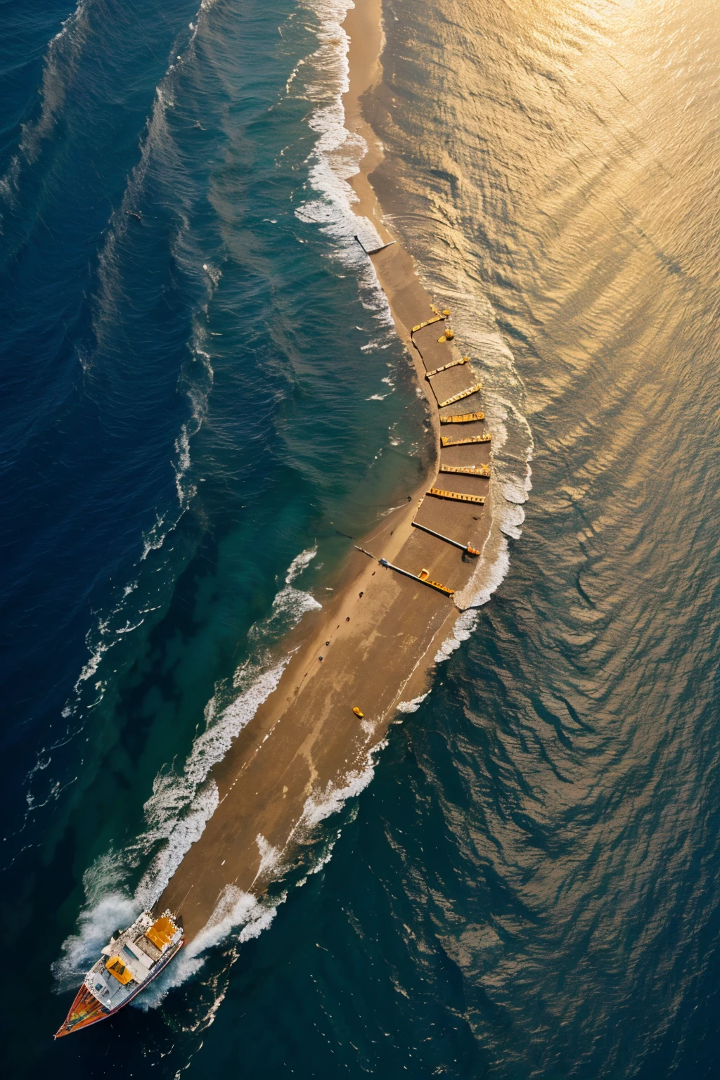 Please create for me an image of the Vietnamese national flag stretching across the vast sea, surrounded by fishing boats of Vietnamese people, real photos, images from above, living space Vibrant, sunlight shines on the sea, creating a shiny, shimmering golden color, the sea surface shivers with small waves.