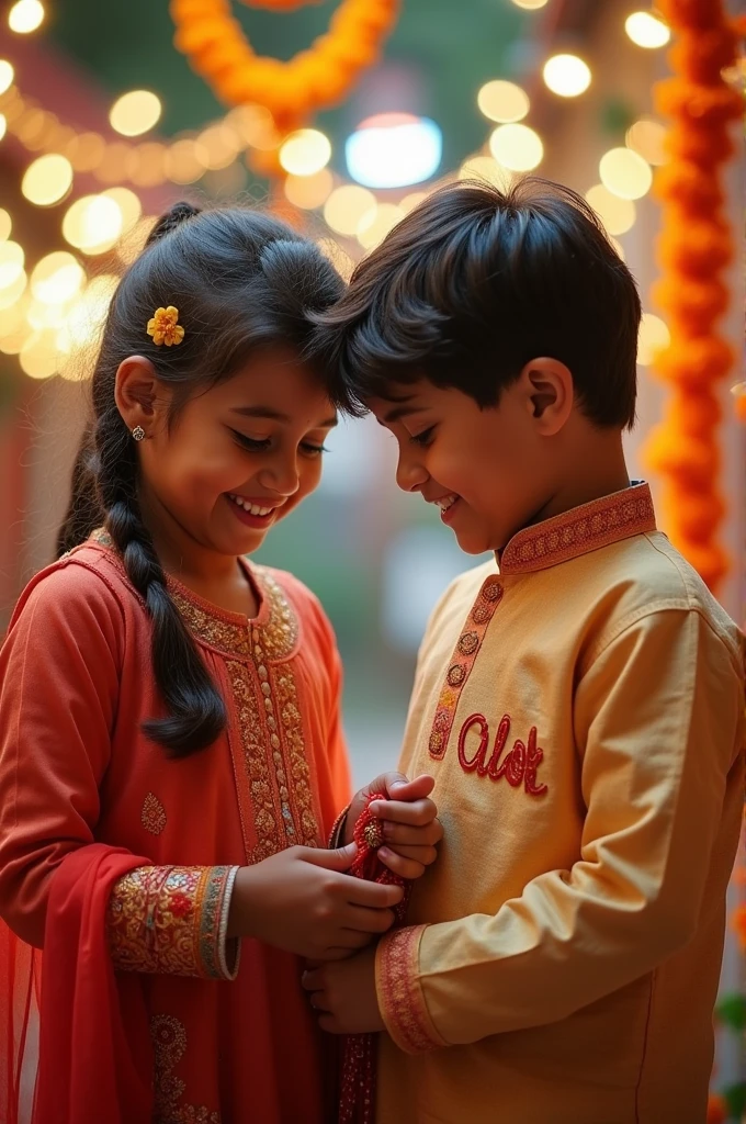 A photo where a sister is tying a rakhi to her brother. The sister's name, Pooja, is written on her clothes, and Alok is written on the brother's clothes.
