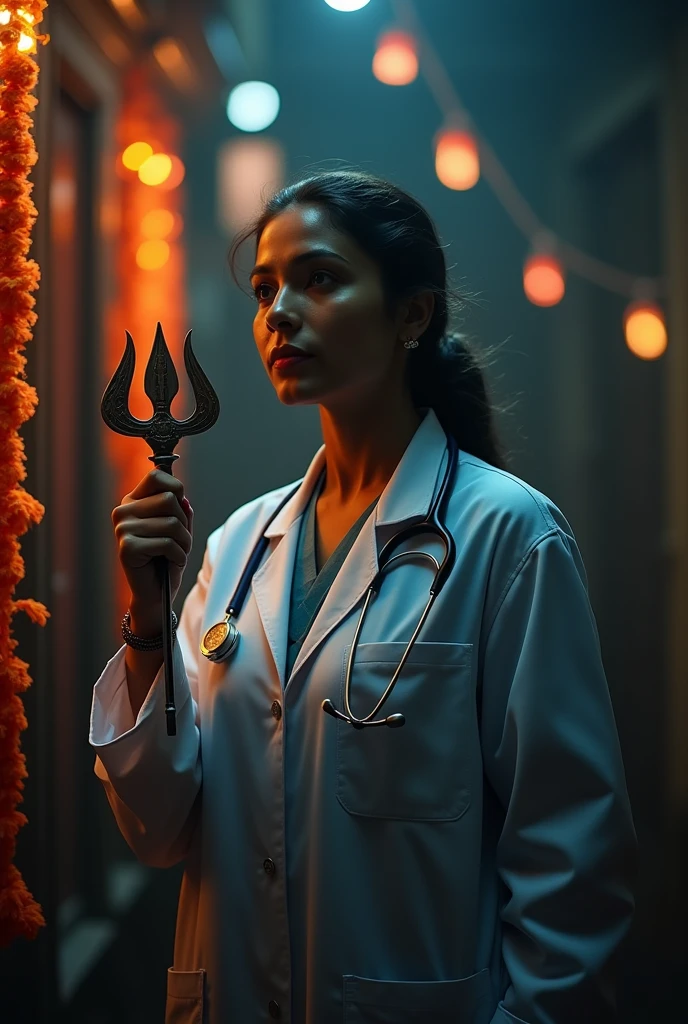 An image of a raped doctor with blurred face standing for justice with a trishul in hand. And also rakhi bandhan 