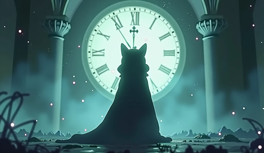 Anime scene where the silhouette of a cat wearing a cloak standing in front of a clock can be seen in the distance, Dreamy psychedelic anime, Cytus and Deemo Style, videoScreenshots of the game, Gore anime screenshot, Animation still screenshots, video Screenshots of the game, Cut scene footage, アニメmovieのスクリーンショット, Screenshots of the game, movie, Screenshots of the game, From the TV anime