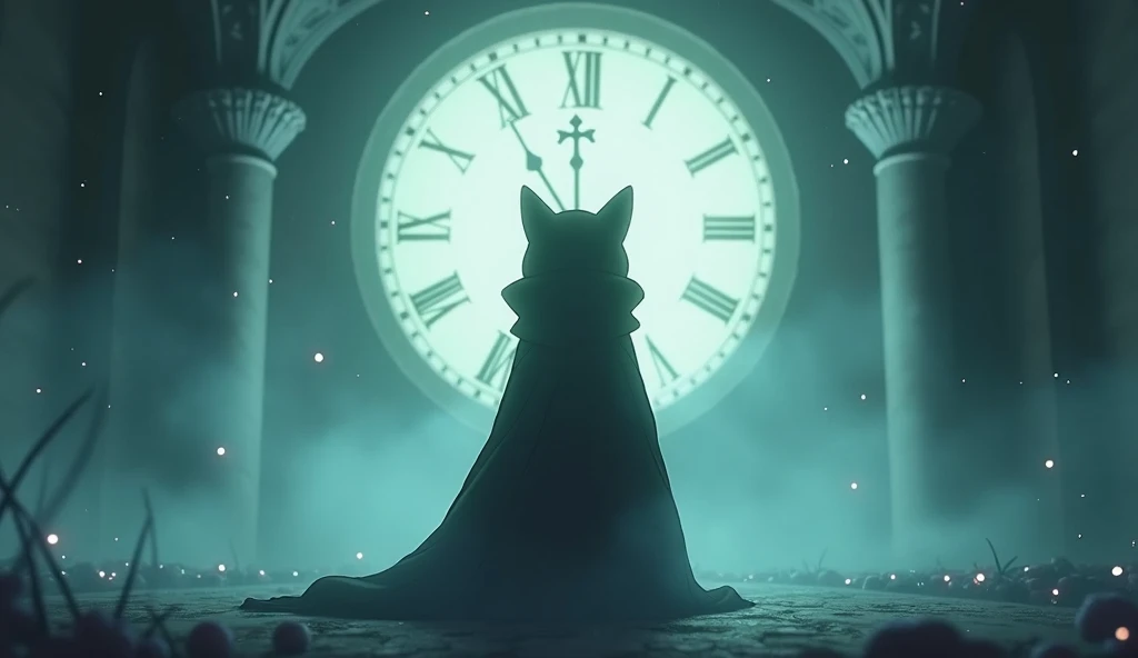 Anime scene where the silhouette of a cat wearing a cloak standing in front of a clock can be seen in the distance, Dreamy psychedelic anime, Cytus and Deemo Style, videoScreenshots of the game, Gore anime screenshot, Animation still screenshots, video Screenshots of the game, Cut scene footage, アニメmovieのスクリーンショット, Screenshots of the game, movie, Screenshots of the game, From the TV anime