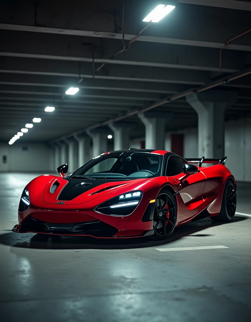 Image showcases a high-performance sports car with a sleek and aggressive design. The car features a striking red and black color scheme, with a glossy finish that highlights its aerodynamic contours. The front of the car is characterized by a large, prominent grille and sharp, angular headlights. The wheels are large and black, with low-profile tires that emphasize the car's sporty nature. The car is parked in a dimly lit, multi-level parking garage, with concrete pillars and a dark background that contrasts with the car's vibrant colors. The overall layout of the image focuses on the car's front and side profile, capturing its dynamic and powerful presence.
