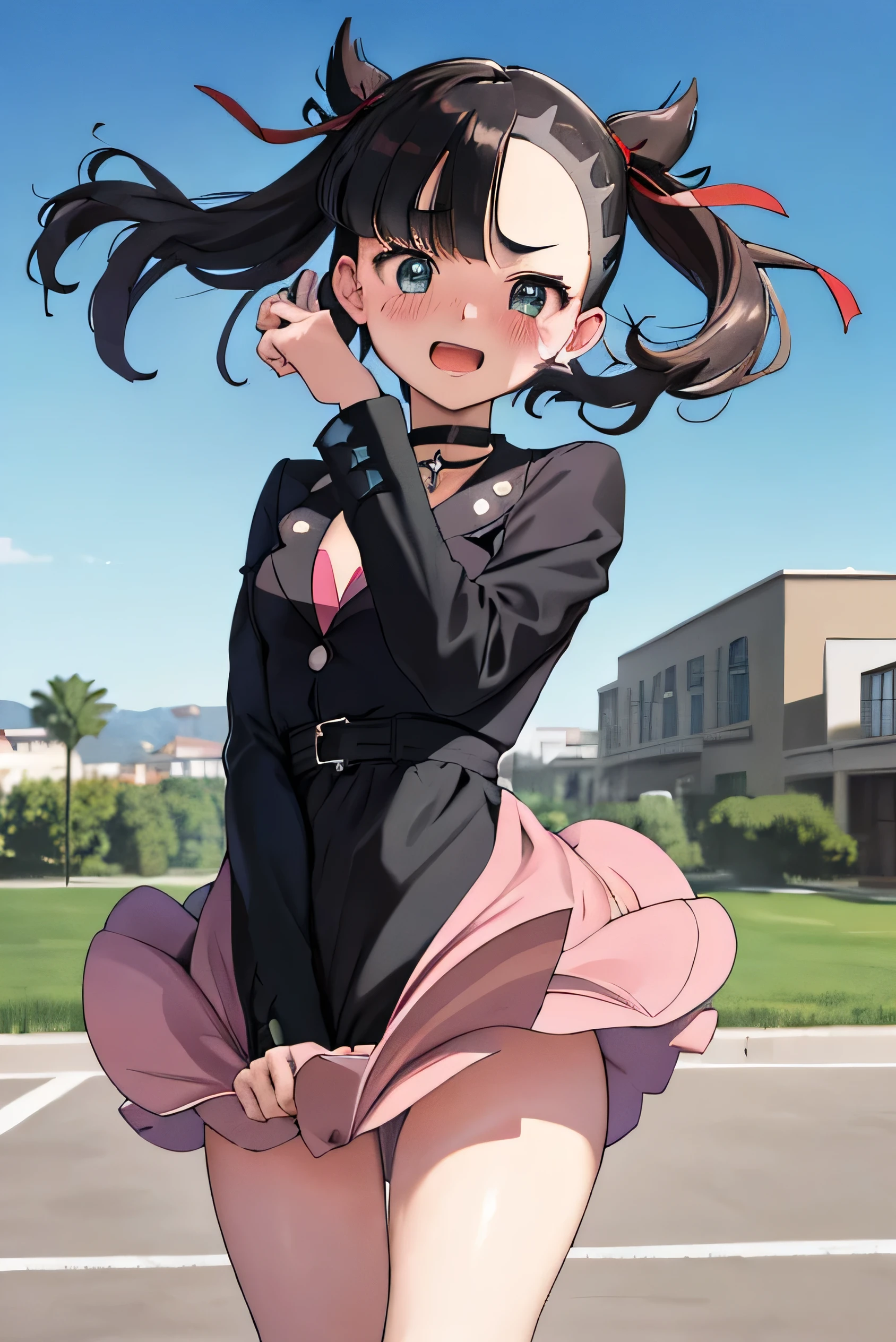 masterpiece, Highest quality, High resolution, Marnie, Aqua Eye, Black choker, Red ribbon, Pink Dress, jewelry, Black jacket, Open clothes, Long sleeve, Cowboy Shot, Are standing, Field, holding monster Ball, monster Ball \(Basic\), smile, Open your mouth, (Perfect hands, Perfect Anatomy), Very good, morning, sunlight, Best Shadow, Best lighting, Small breasts, Small breasts ,Hair blowing in the wind,Somewhat strong wind,(Front facing)(((Blushing、Embarrassed expression)),(((The skirt flips up in the wind)))