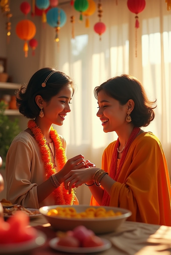 A 18 year old shirt hair girl gives Rakhi to her 19 year old boy and says Happy Rakshabandhan friend.