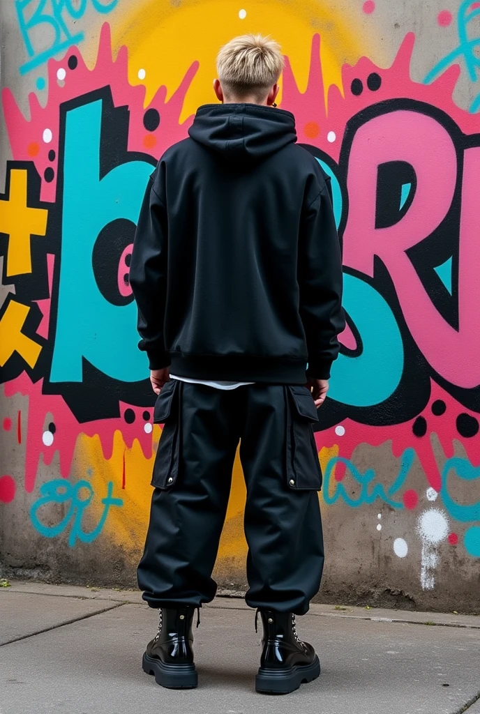 a trap singer, male, dark blond, looked from back, wearing all black clothes, oversized, hoodie, wide trousers, boots, chains, streetwear, standing on A WALLWITH GRAFFITIS, ESTÁ la palabra "torino" Y LA PALABRA "BYE" EN OTRA PARTE