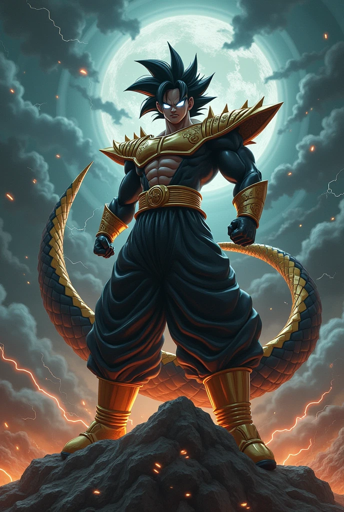 an evil super saiyan, with black and gold clothes and a dragon tail.
