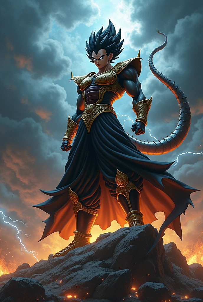 an evil super saiyan, with black and gold clothes and a dragon tail.