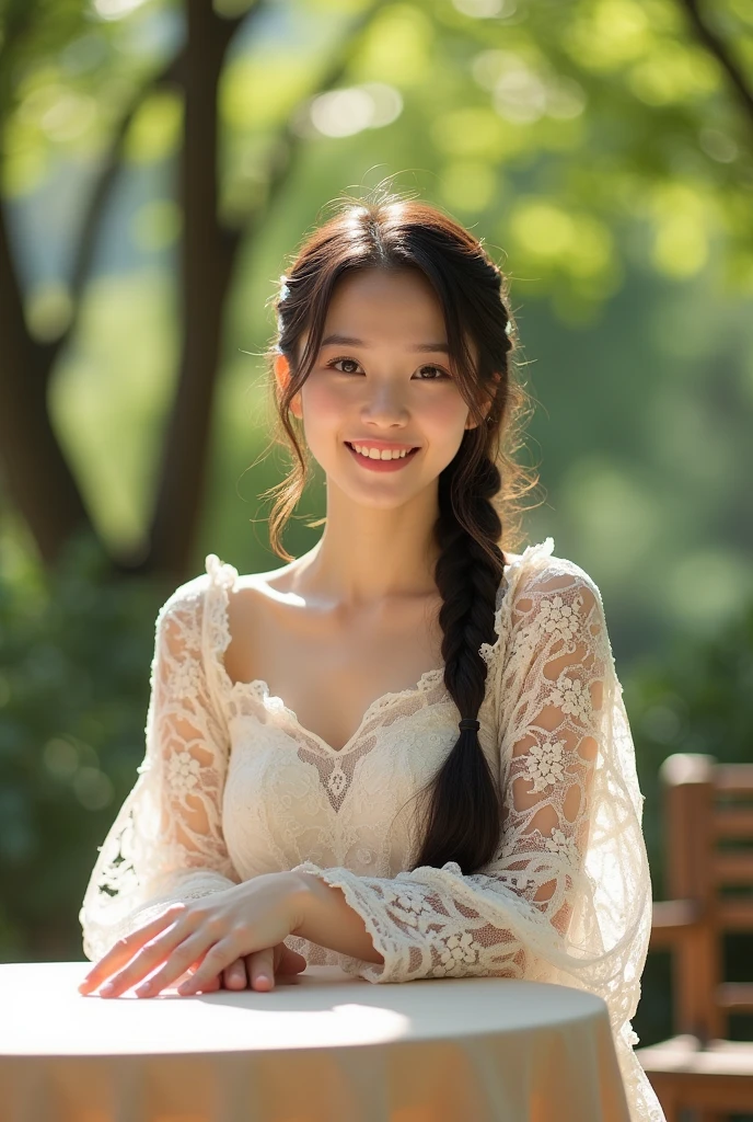 Tabletop, Highest quality, figure, Very detailed, In detail, High resolution, 8k wallpaper, Perfect dynamic composition, Beautiful attention to detail, Face Focus, One Japanese person,
Soft Light,Lace blouse ,Braided Hair,Natural color lip, ,smile,Outdoor、18 year old beauty、cute、looking at the camera